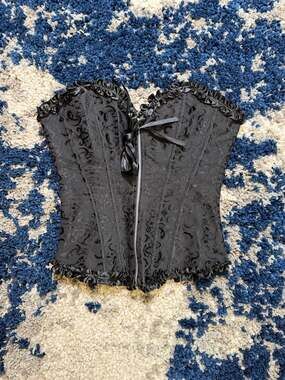 Black Damask Brocade Ruffle Trim Corset Top